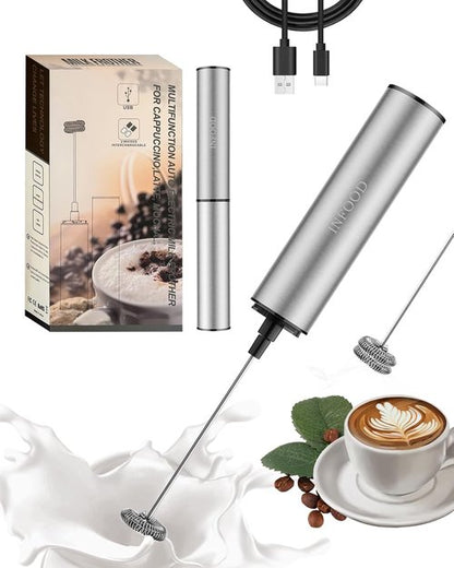 INFOOD Rechargeable Milk Frother - Handheld Coffee Mixer with 2 Detachable Stainless Whisks, Silver