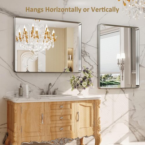 LOAAO Brushed Nickel Bathroom Mirror - 40X30 Inch Rounded Rectangle Design | Anti-Rust, Shatter-Proof, Versatile Hanging Options