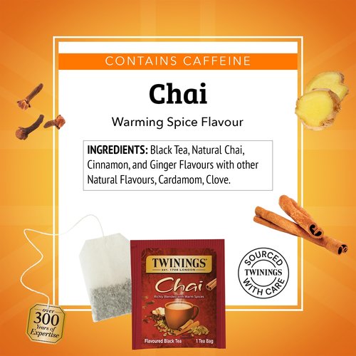 Twinings Chai Black Tea Individually Wrapped Bags, 50 Count (Pack of 6), Sweet, Savoury Spices, Caffeinated, Enjoy Hot or Iced, 300 Teabags