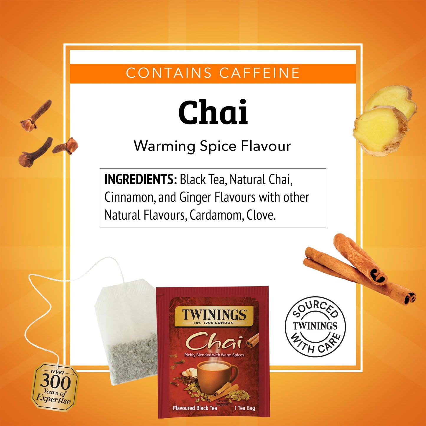 Twinings Chai Black Tea Individually Wrapped Bags, 25 Count (Pack of 6), Sweet, Savoury Spices, Caffeinated, Enjoy Hot or Iced, 150 Teabags