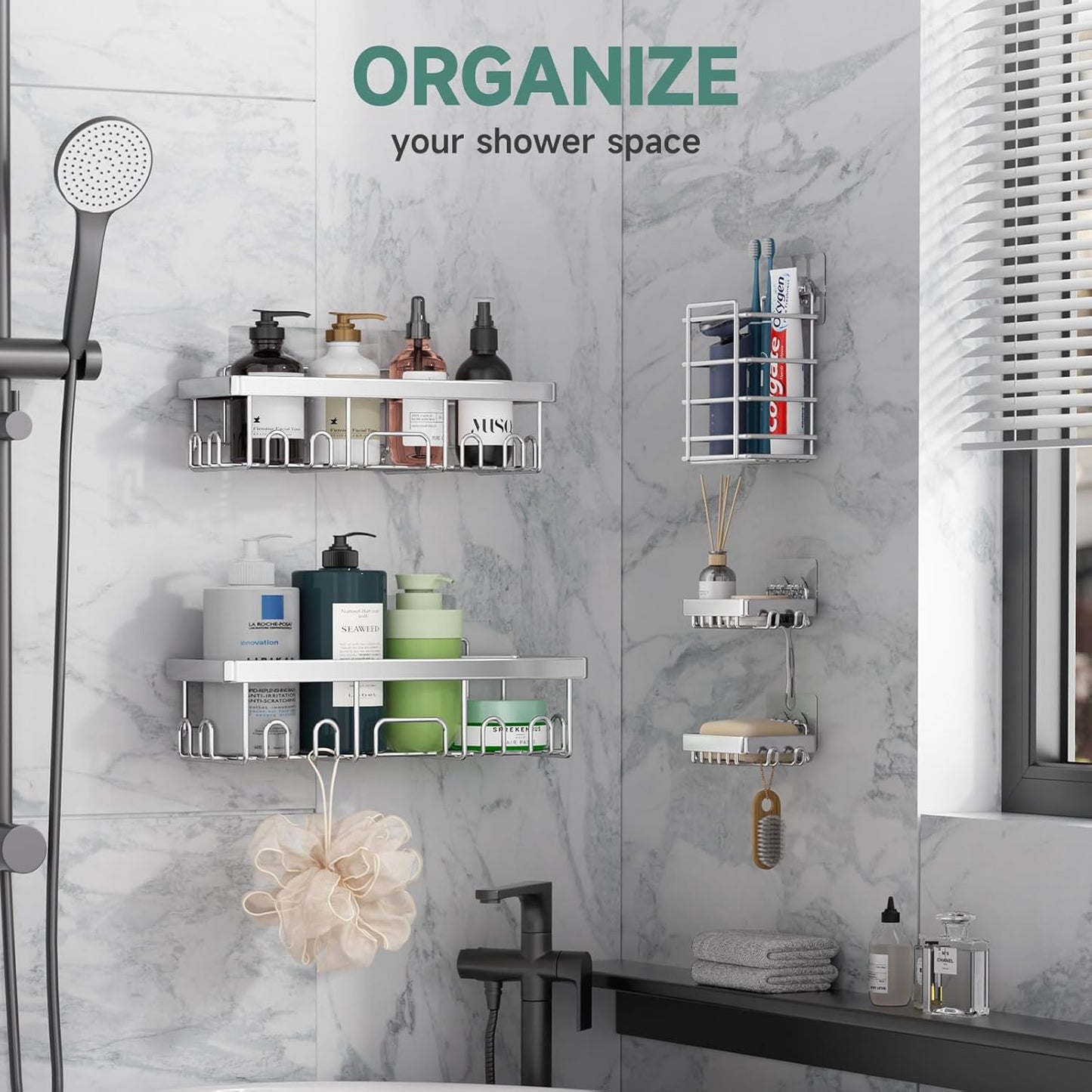 Veken Adhesive Shower Caddy - Heavy-Duty Wall-Mounted Organizer with Soap Dish & Toothbrush Holder | Silver 5-Pack