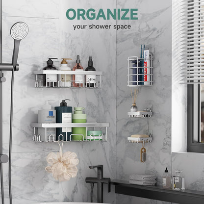 Veken Adhesive Shower Caddy - Heavy-Duty Wall-Mounted Organizer with Soap Dish & Toothbrush Holder | Silver 5-Pack