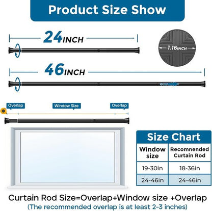 AIZESI Tension Rod - Adjustable 24 to 46 Inch Black Curtain Rod | No Drilling for Windows & Doorways