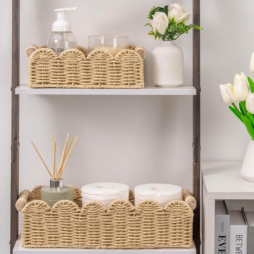 CubesLand Scalloped Edge Toilet Paper Storage Basket - Cozy Beige Home Decor with 2 Wooden Handles