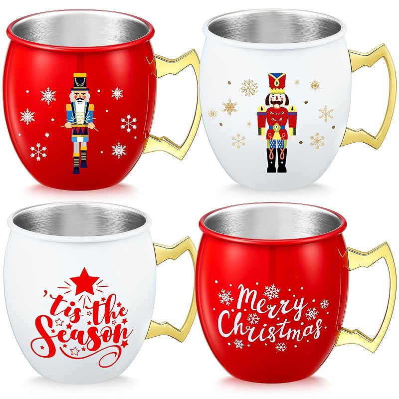 Seematn 16 oz Nutcracker Moscow Mule Mugs - Red & White, 4-Piece Set