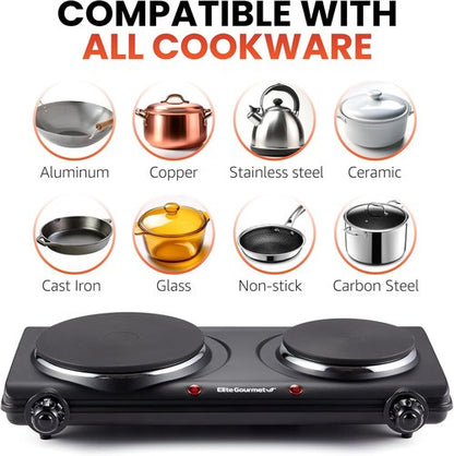 Elite Gourmet Double Cast Iron Burner - 1500 Watts Electric Hot Plate with Temperature Control | Black