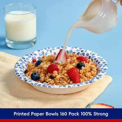 JOLLY CHEF 160 Count Paper Bowls 20 oz Soak Proof, Heavy Duty Printed Disposable Bowls Bulk for Dinner or Lunch