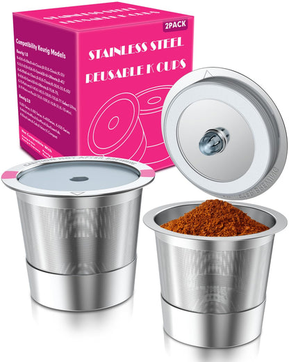 Reusable K Cups for Keurig, Universal Stainless Steel K Cup Reusable Coffee Pods Compatible for Keurig 1.0 & 2.0 Coffee Makers (2 Pack)