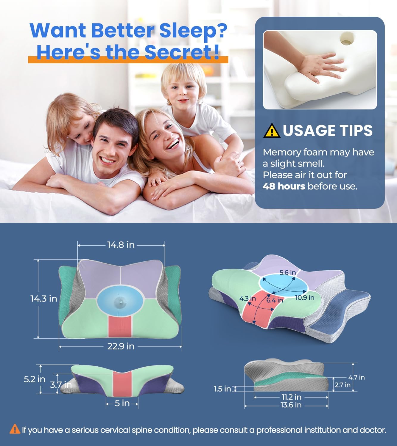 Skiennix Ultra Pain Relief Cooling Pillow - Adjustable Ergonomic Memory Foam for Neck Support | Cozy & Odorless