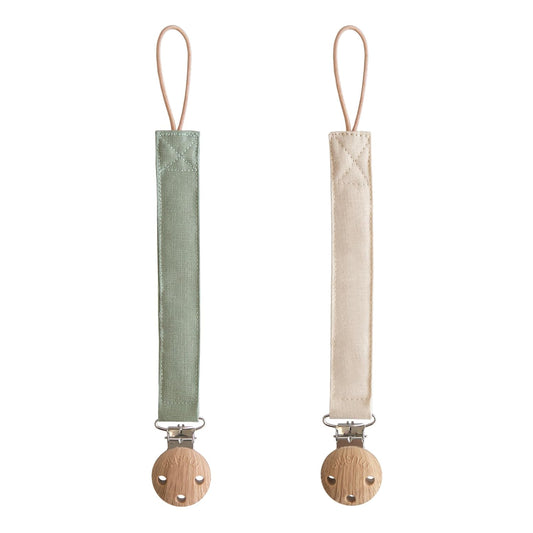 Mushie Linen Baby Pacifier Clip Holder - Soft Fabric Strap, 2-Pack in Olive & Shifting Sand