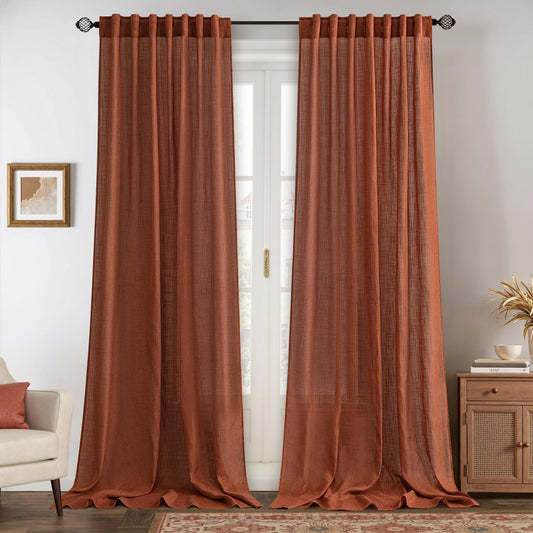 MIULEE Linen Curtains - 96-Inch Light Filtering Semi-Sheer Drapes | Burnt Orange Rust, 2 Panels for Living Room
