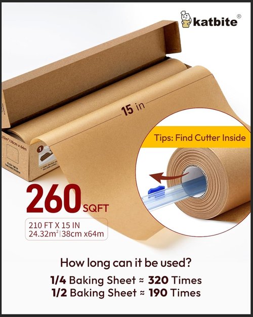 Katbite Unbleached Parchment Paper - Heavy Duty Non-Stick Baking Roll, 15 in x 210 ft, Ideal for Air Fryer & Steaming