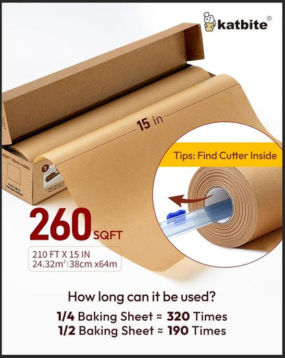 Katbite Unbleached Parchment Paper - Heavy Duty Non-Stick Baking Roll, 15 in x 210 ft, Ideal for Air Fryer & Steaming