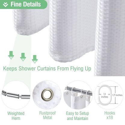 Dynamene Extra Wide Shower Curtain-108 Inch Wide Waffle Weave Weighted Thick Cloth Bathroom Shower Curtain, Neutral Heavy Duty Hotel Bath Curtain Set with 18 Plastic Hooks,108x72, White
