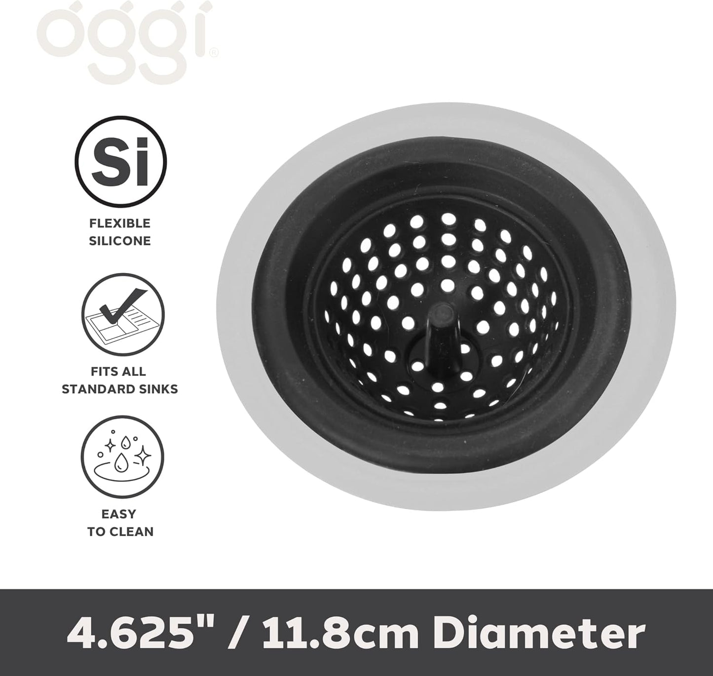 OGGI Silicone & Metal Sink Stopper- Great Kitchen Sink Stopper, Silicone Drain Stopper, Sink Plug, 4.6˝ Diameter Metal Rim, Black