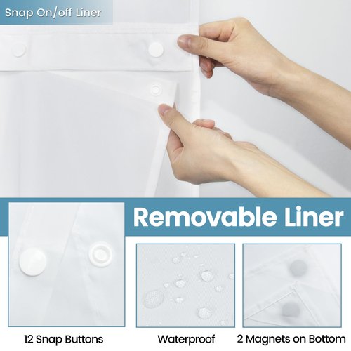 EUTXL White No Hook Shower Curtain with Snap in Liner,230GSM Waffle Weave Shower Curtains for Bathroom,71W x 74H