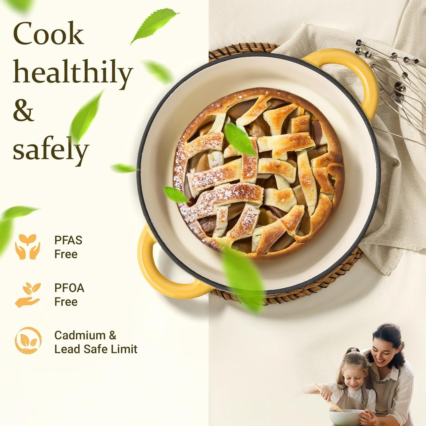 Overmont Enameled Cast Iron Dutch Oven - 5.5QT Heavy-Duty Pot with Lid & Potholders | Goose Yellow
