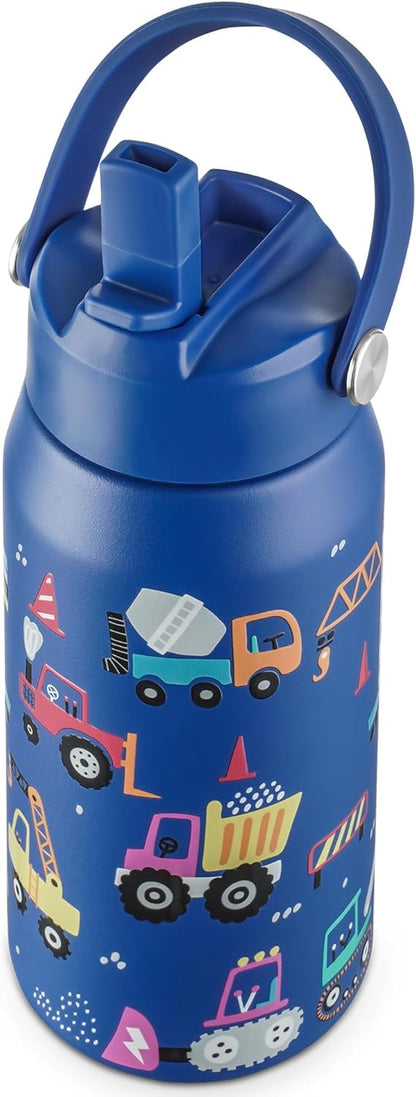 OLDLEY Kids Water Bottle - 18oz Insulated Stainless Steel | Leakproof Design with Wide Straw Lid - Blue Engineering Car