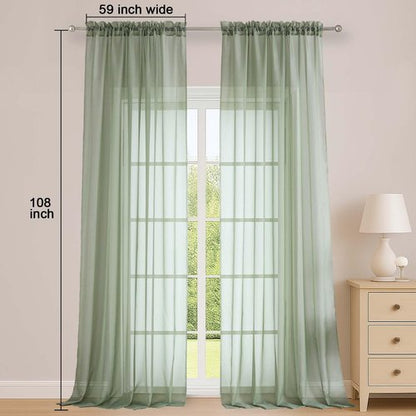 OWENIE Sage Green Sheer Curtains 108 Inches Long for Living Room Bedroom 2 Panels Set, Lightweight Airy Sage Green Sheer Curtain, Filmy Rod Pocket, 2 PCS, Each 59" W x 108" L