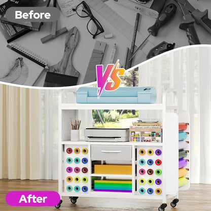 Skiennix Craft Organization Cart - Rolling Storage Table with Vinyl Roll Holder & Drawer | Large, Versatile Design