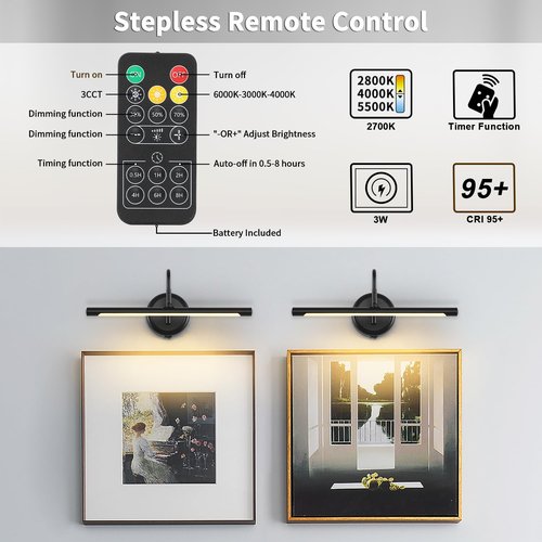 JOOSENLUX Modern Wall Lights Battery Operated Black Wireless Picture Lights for Wall 16.5" Inch Dimmable Under Counter Lights for Kitchen with Swing Arm as Canvas Wall Sconce Light 3000K CRI95+