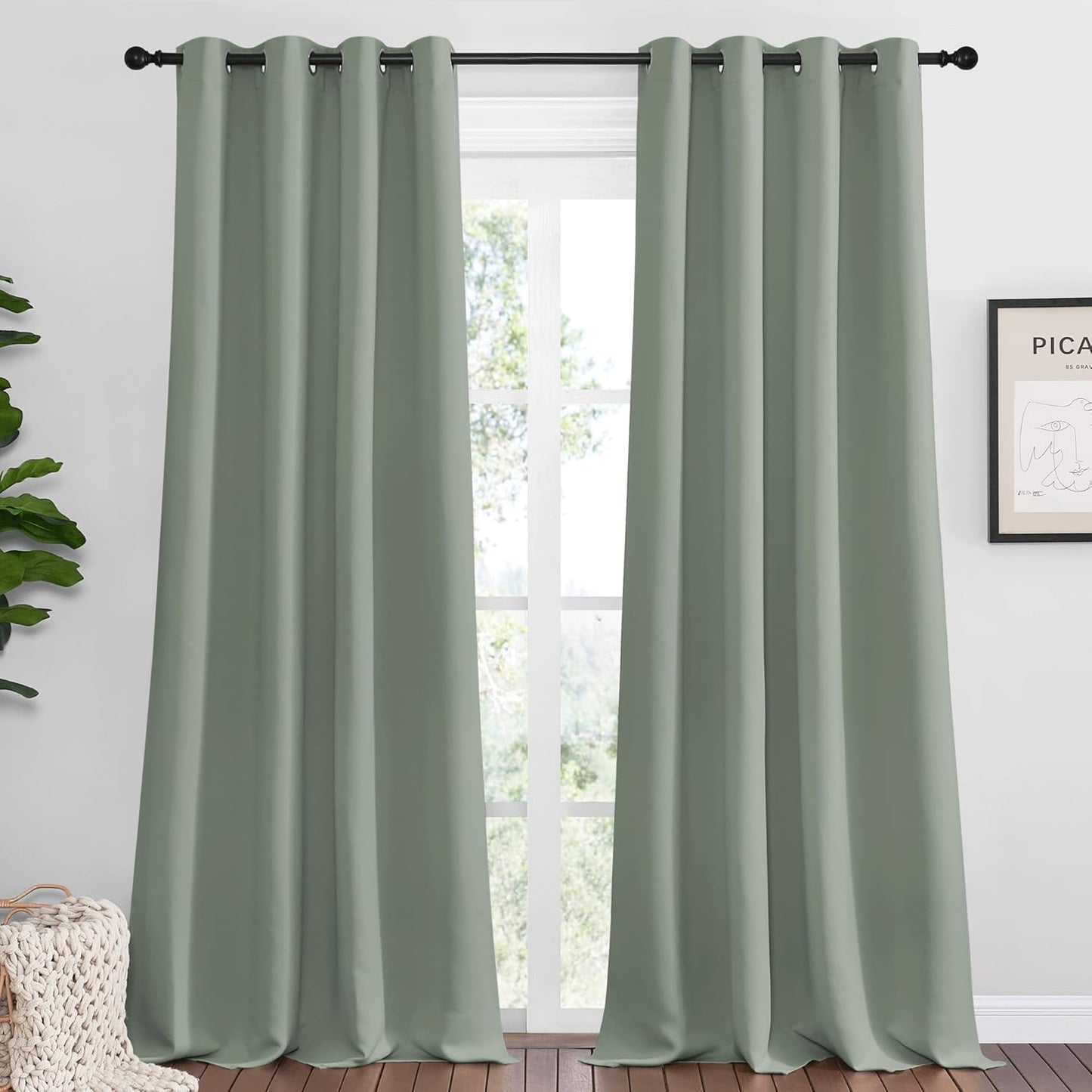 NICETOWN Greyish Green Blackout Curtains - 96" Long | Sound Reducing & Energy Efficient | 55" Wide, 2 Panels