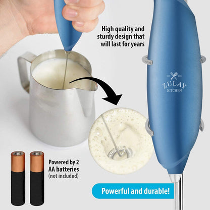 Zulay Kitchen Powerful Rechargeable Milk Frother Handheld Lux Foam Maker for Lattes, Metallic Blue, Rechargeable