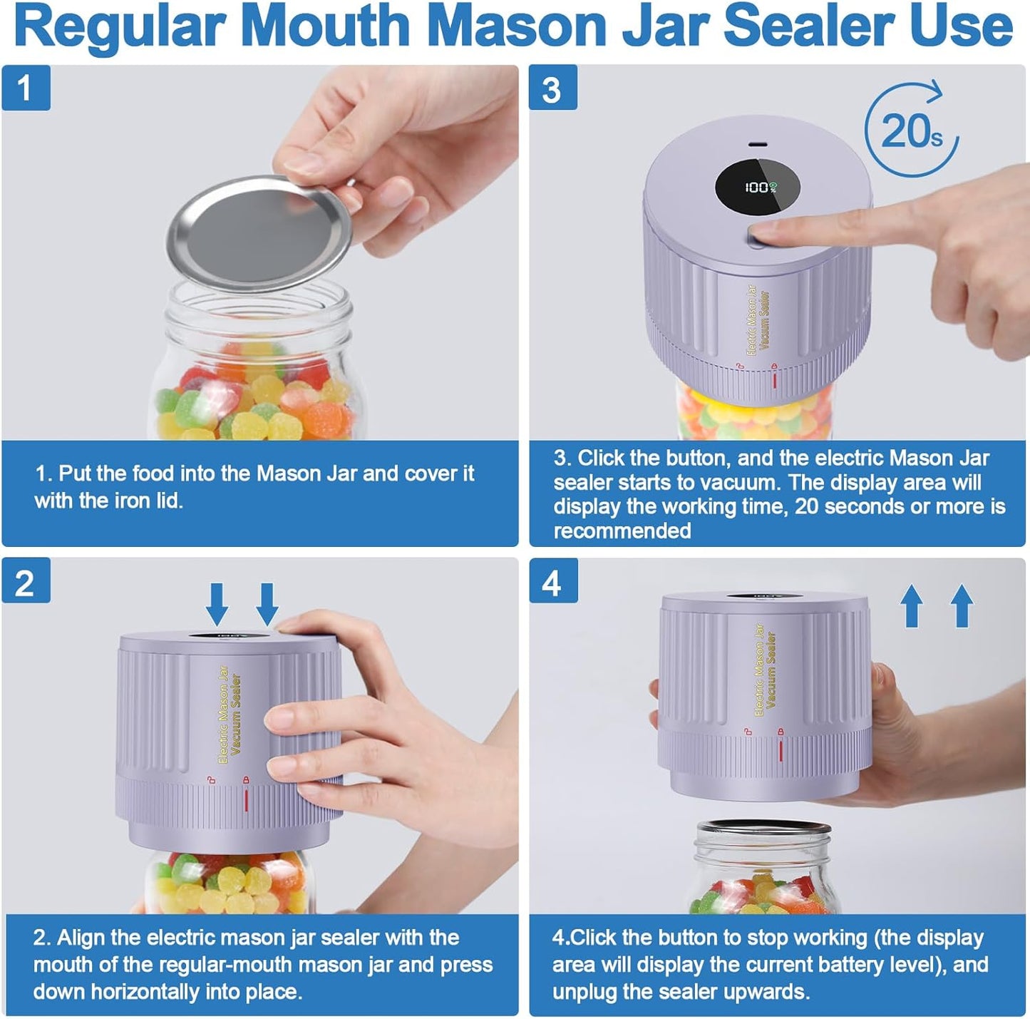 Regine Switzerland Electric Mason Jar Vacuum Sealer Kit - Ideal for Wide & Regular Mouth Jars - Purple