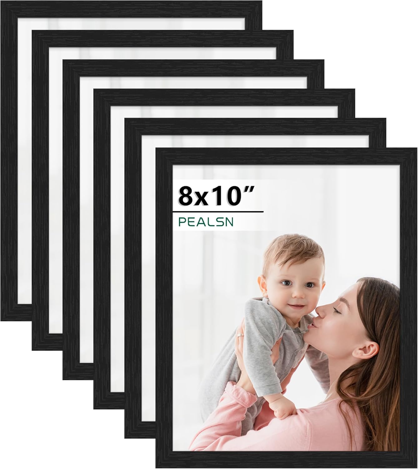 PEALSN 8x10 Picture Frame Set of 6 - Black Woodgrain Frames with HD Plexiglass for Wall or Tabletop Display