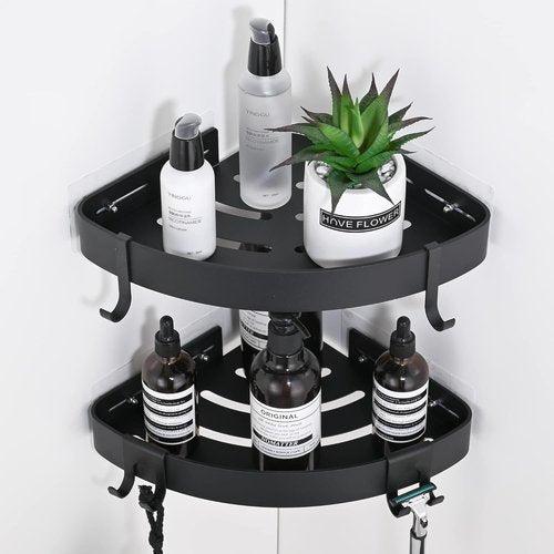 DUFU Adhesive Corner Shower Caddy - No Drill Rust Proof Aluminum Organizer | 2 Pack Black