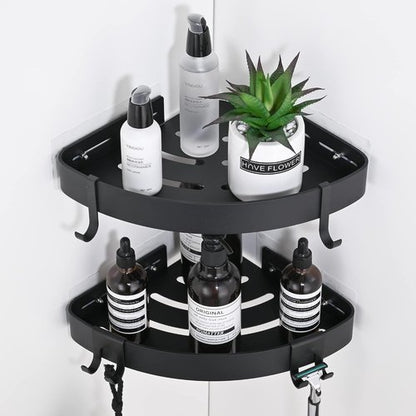 DUFU Adhesive Corner Shower Caddy - No Drill Rust Proof Aluminum Organizer | 2 Pack Black