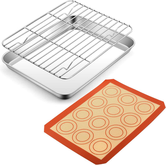 P&P CHEF 9-Inch Baking Sheet Pan Set - Stainless Steel Oven Tray with Rack & Silicone Mat, Dishwasher Safe