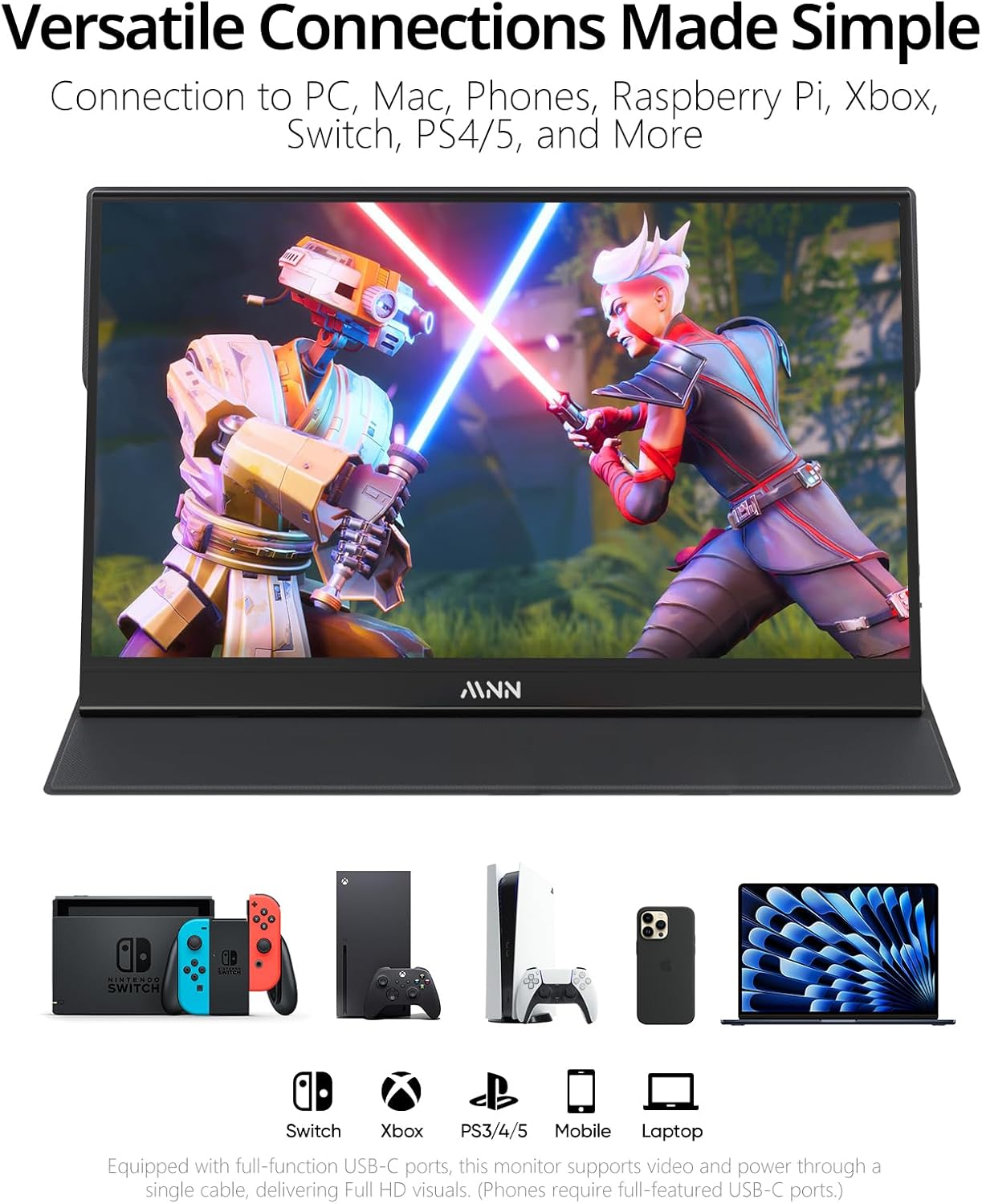 MNN Portable Monitor - 15.6-Inch FHD 1080P Ultra-Slim IPS Display with Smart Cover & Speakers | Plug & Play for Laptop, PC, Mac