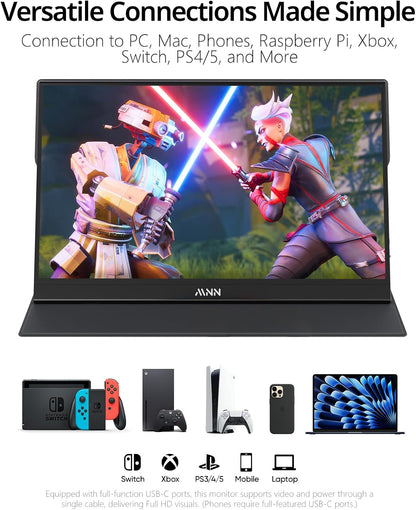 MNN Portable Monitor - 15.6-Inch FHD 1080P Ultra-Slim IPS Display with Smart Cover & Speakers | Plug & Play for Laptop, PC, Mac