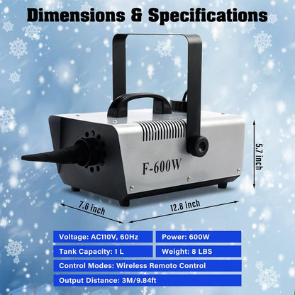 TCFUNDY Snow Machine - 600W Snowflake Maker for Christmas & Wedding Parties | Remote Control Included
