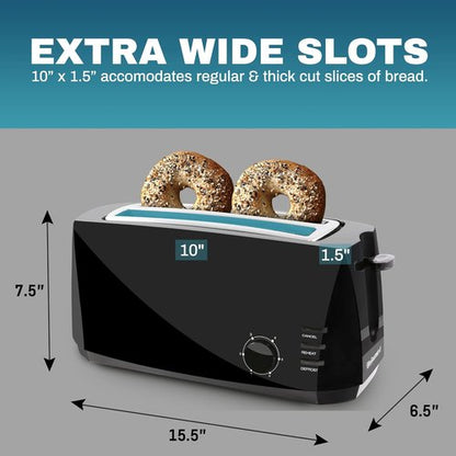 Elite Gourmet Long Slot 4-Slice Toaster - 6 Toast Settings, Extra Wide Slots for Bagels & Waffles, Black