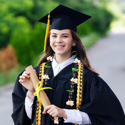 FYSUIMU Graduation Ribbon Lei - Handmade Black & Gold Kukui Nut Necklace for College Grads | 2 Pcs Set