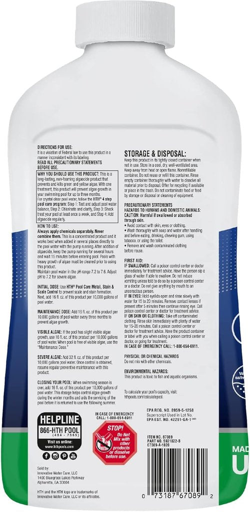 HTH 67089 Algae Guard Ultra - Long Lasting Swimming Pool Care Chemical, 32 Fl Oz