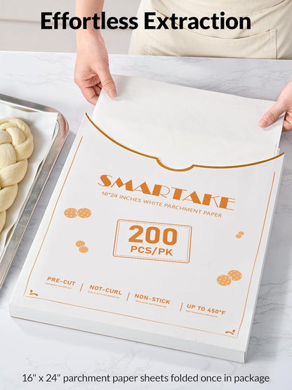 SMARTAKE Parchment Paper Baking Sheets - 200 Pcs Non-Stick Precut 16x24 Inches for Baking, Grilling & More