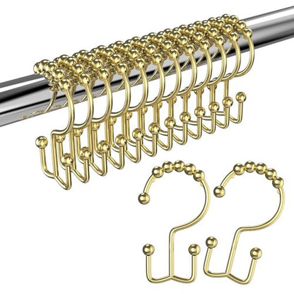 BATHDESIGN Shower Curtain Hooks Rings, Rust Proof Stainless Steel Shower Curtain Hooks Double Sided for Bathroom Shower Rods Curtains, Set of 12, Gold
