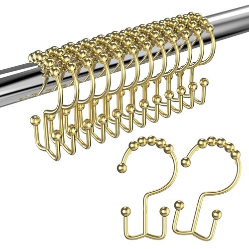 BATHDESIGN Shower Curtain Hooks Rings, Rust Proof Stainless Steel Shower Curtain Hooks Double Sided for Bathroom Shower Rods Curtains, Set of 12, Gold