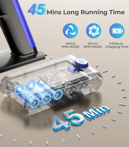 Skiennix Cordless Vacuum Cleaner - 550W, 50KPa Suction, 45 Mins Runtime | Anti-Tangle Brush & LED Display for Home & Car