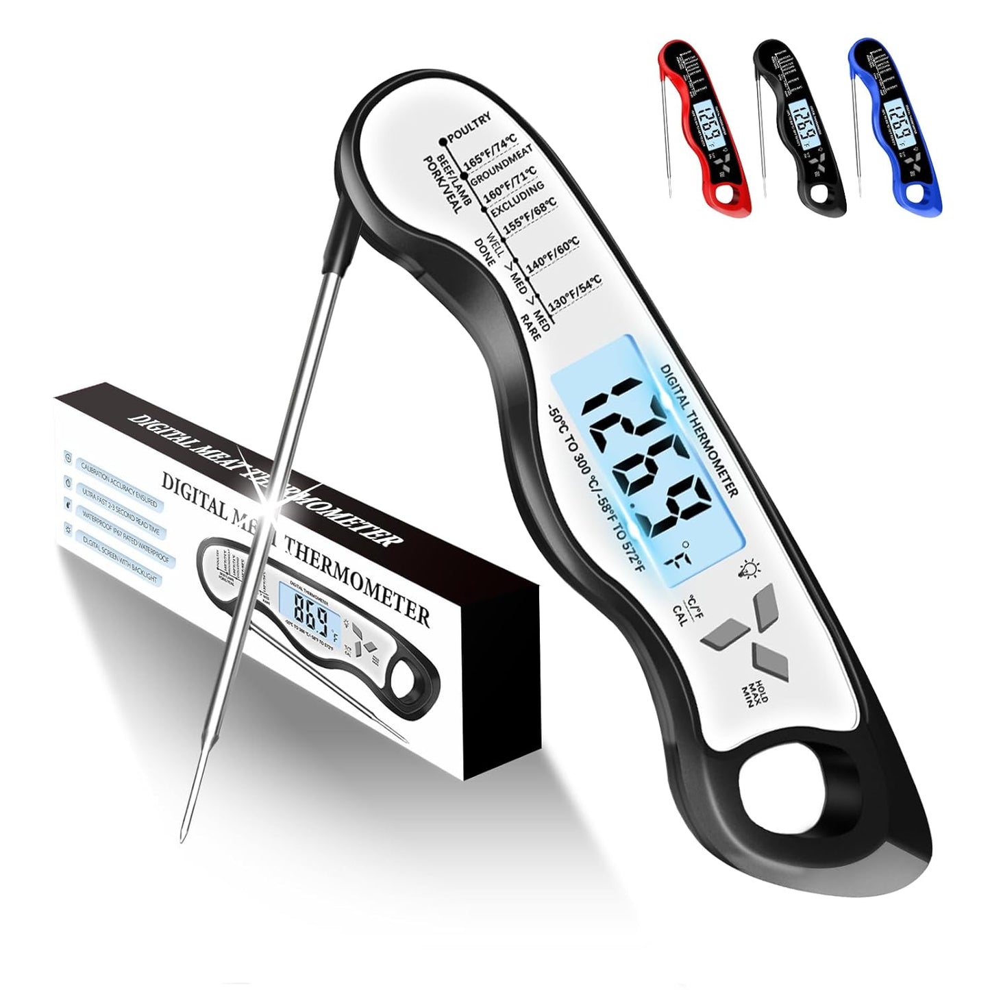 Meat Thermometer - IP67 Waterproof Digital Thermometer with Backlight & Magnet for BBQ, Grill, Candy