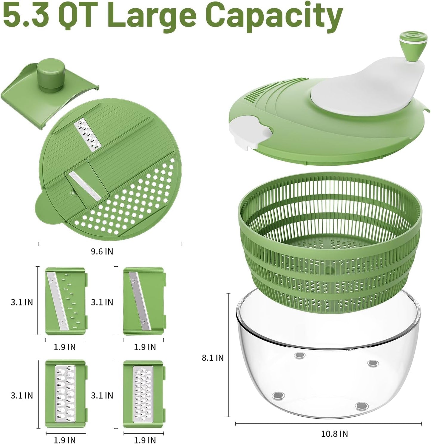 Salad Spinner - Skiennix 5.3 QT Lettuce Spinner with Strainer & 4 Replaceable Blades | Green