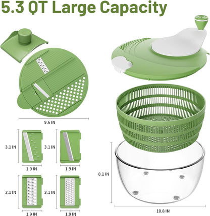 Salad Spinner - Skiennix 5.3 QT Lettuce Spinner with Strainer & 4 Replaceable Blades | Green