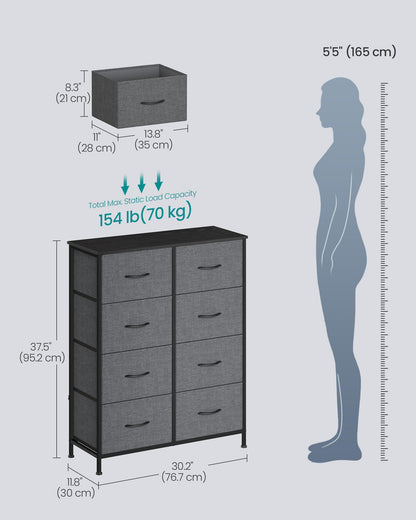 SONGMICS BELLAH Collection - Dresser for Bedroom, Chest of Drawers, Storage Organizer Unit, Closet, Entryway, Steel, 8 Drawers, Modern, Slate Gray ULGS124GN02S