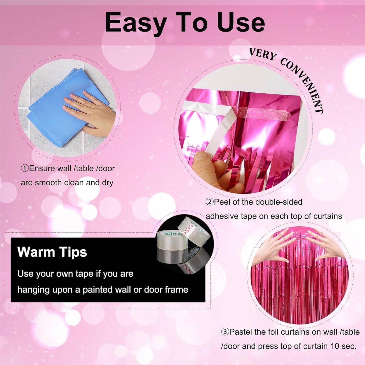 Valentines Day Party Decorations | Hot Pink Foil Fringe Curtains - 3 Pack, 3.2x8.2ft Backdrop