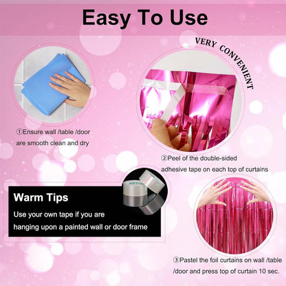 Valentines Day Party Decorations | Hot Pink Foil Fringe Curtains - 3 Pack, 3.2x8.2ft Backdrop