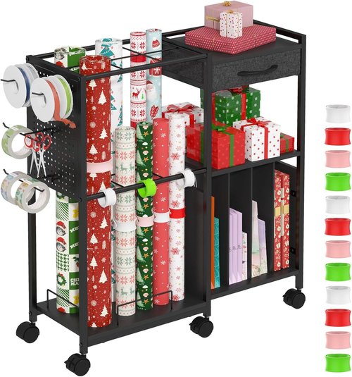 Kikihouse Wrapping Paper Storage Cart - Rolling Gift Wrap Organizer with 12 Slap Bands & Hooks | Black