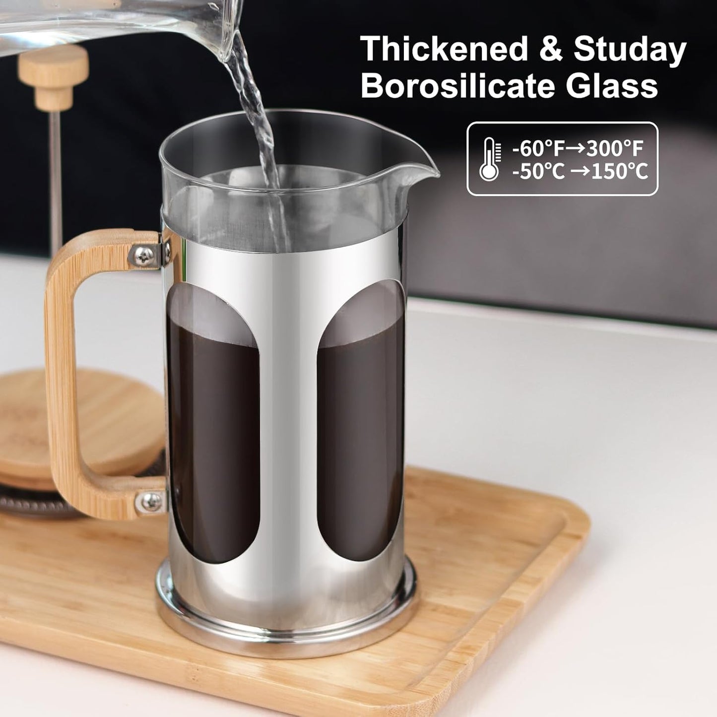 Sivaphe French Press Coffee Maker - 34 oz Borosilicate Glass with Bamboo Lid & Handle | 8 Cup Tea Press